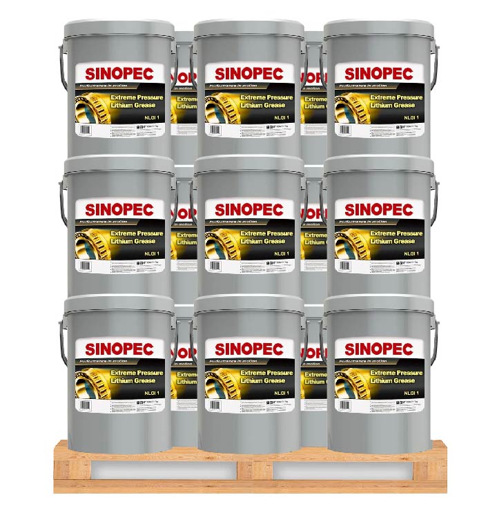 Front image of Sinopec Extreme Pressure Lithium Grease NLGI 1 pallet of 36 pails of 17 kg.