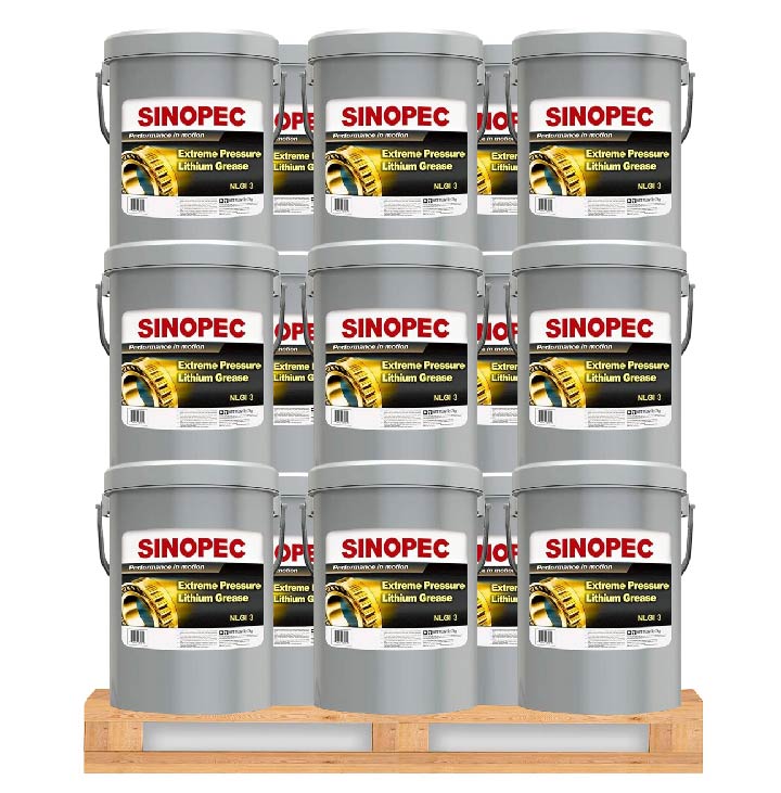 Front image of Sinopec Extreme Pressure Lithium Grease NLGI 3 pallet of 36 pails of 17 kg.