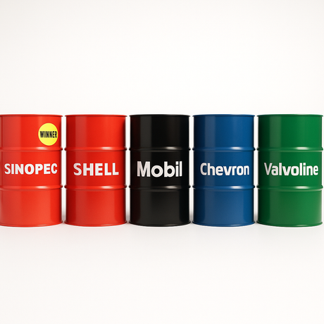Six oil drums labelled only with brand names—Sinopec (with Winner sticker), Shell, Mobil, Chevron, Valvoline, Castrol—against a white background.