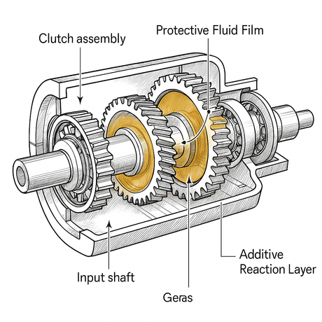 cutaway of a gearbox with protective fluid film and additive action