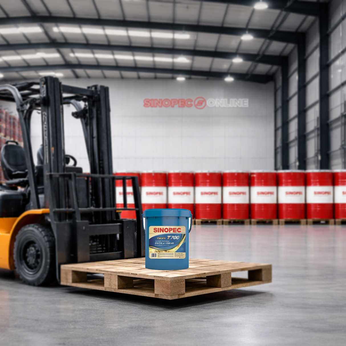 Sinopec oil container on a pallet with a forklift in a warehouse setting