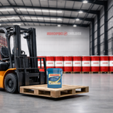 Sinopec oil container on a pallet with a forklift in a warehouse setting