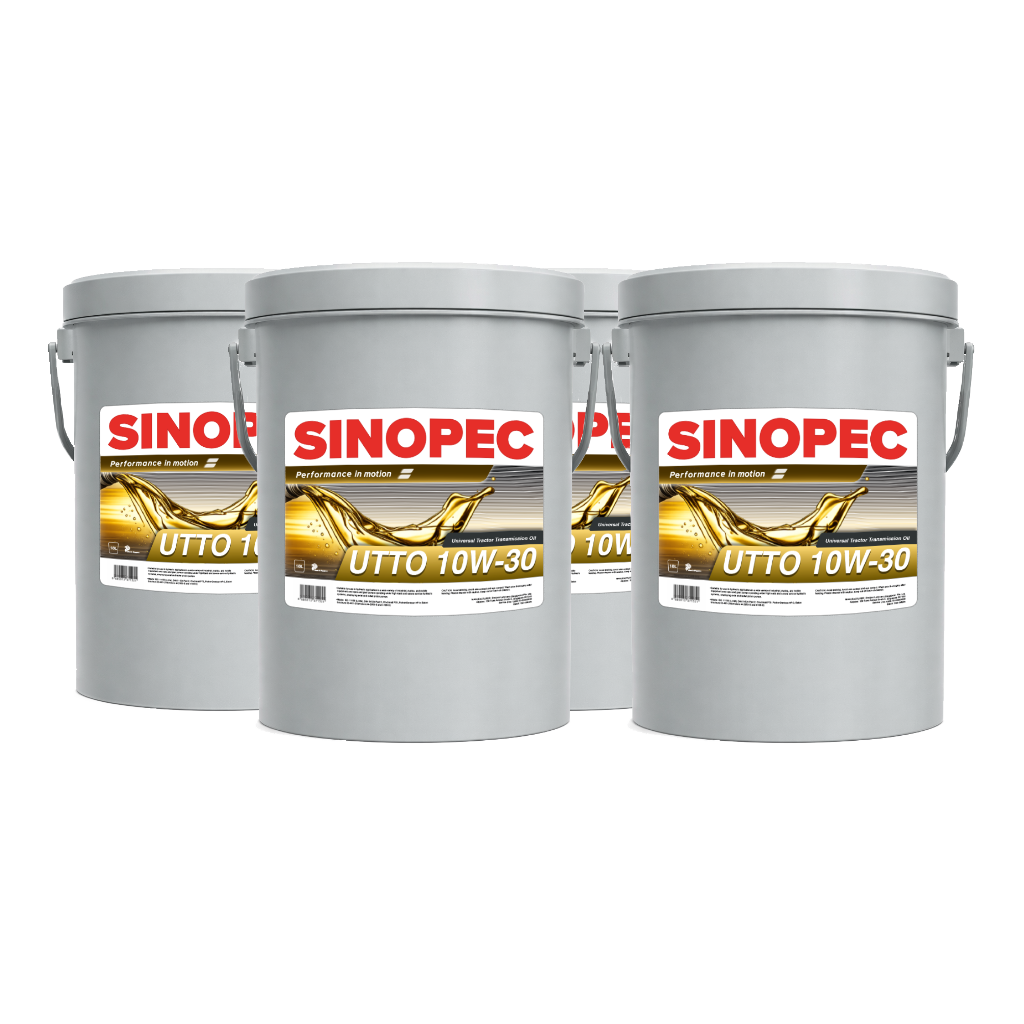 Three gray metal buckets of Sinopec UTTO 10W-30 motor oil arranged in a row on a plain white background.