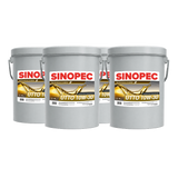 Three gray metal buckets of Sinopec UTTO 10W-30 motor oil arranged in a row on a plain white background.