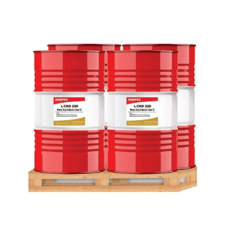 Front image of Sinopec L-CKD 220 Heavy Duty industrial Gear Oil pallet of 4 drums of 200 L.