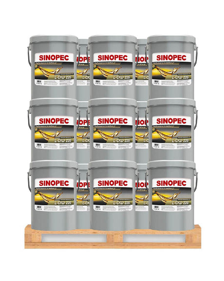 Front image of Sinopec L-CKD 220 Heavy Duty industrial Gear Oil pallet of 36 pails of 18 L.