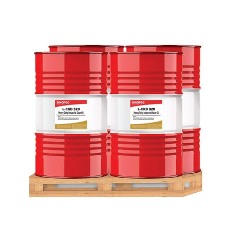 Front image of Sinopec L-CKD 320 Heavy Duty Industrial Gear Oil pallet of 4 drums of 200L.